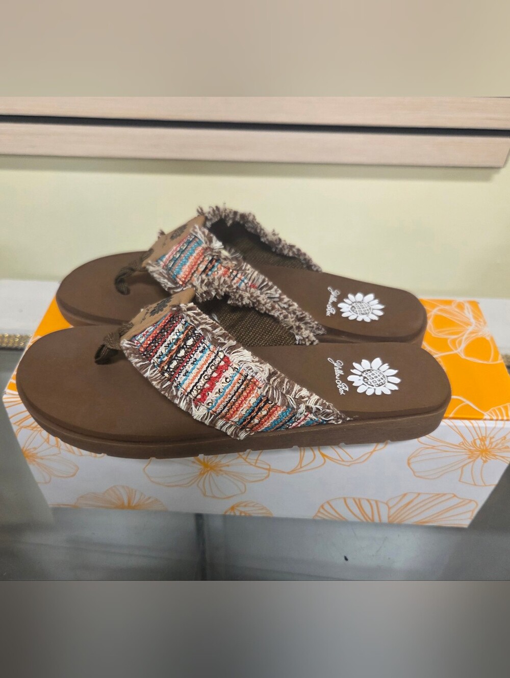 Yellow Box Brown Flip Flop Sandals with Multicolor Woven Straps Boho